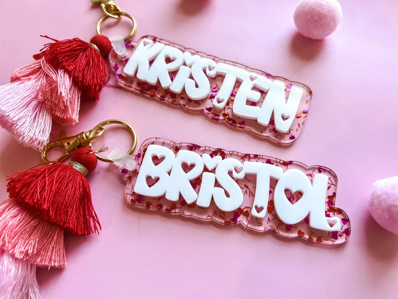 Heart Confetti Name Keychain