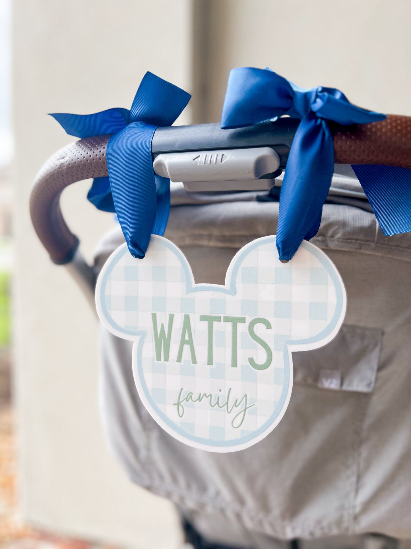 Blue Gingham Mouse Ear Stroller Tag