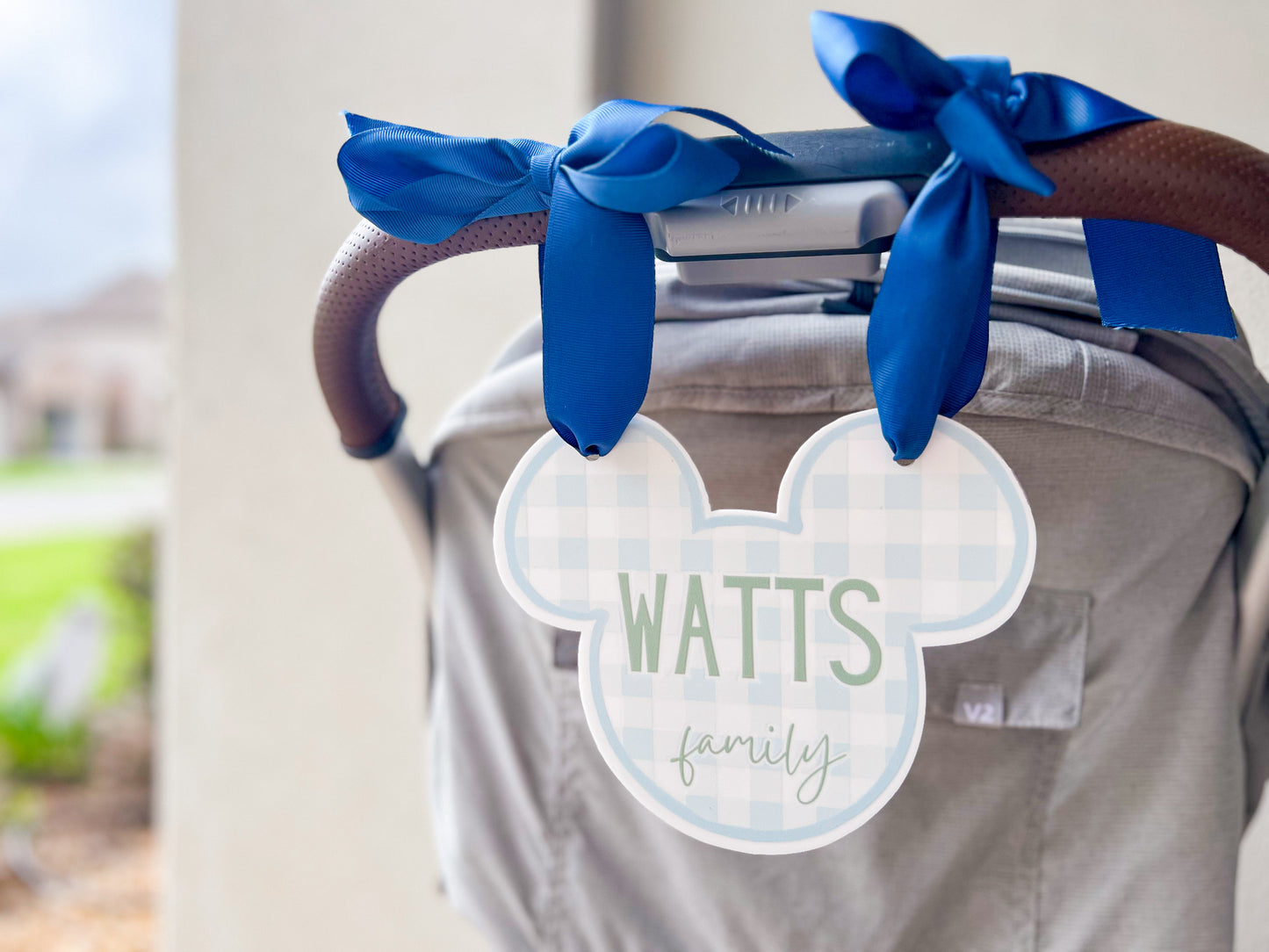Blue Gingham Mouse Ear Stroller Tag